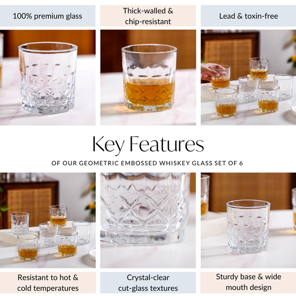 Geometric Embossed Whiskey Glass Set Of 6 240ml