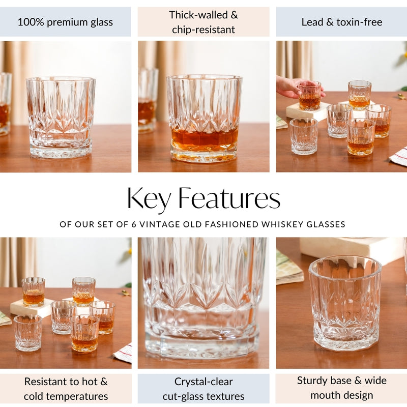 Set Of 6 Vintage Old Fashioned Whiskey Glasses 230ml