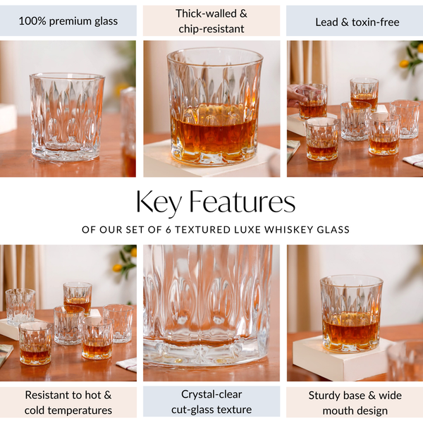 Large Set Of 6 Textured Luxe Whiskey Glass 350ml