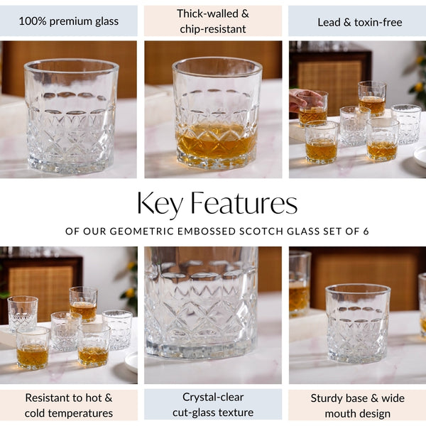 Geometric Embossed Scotch Glass Large Set Of 6 310ml