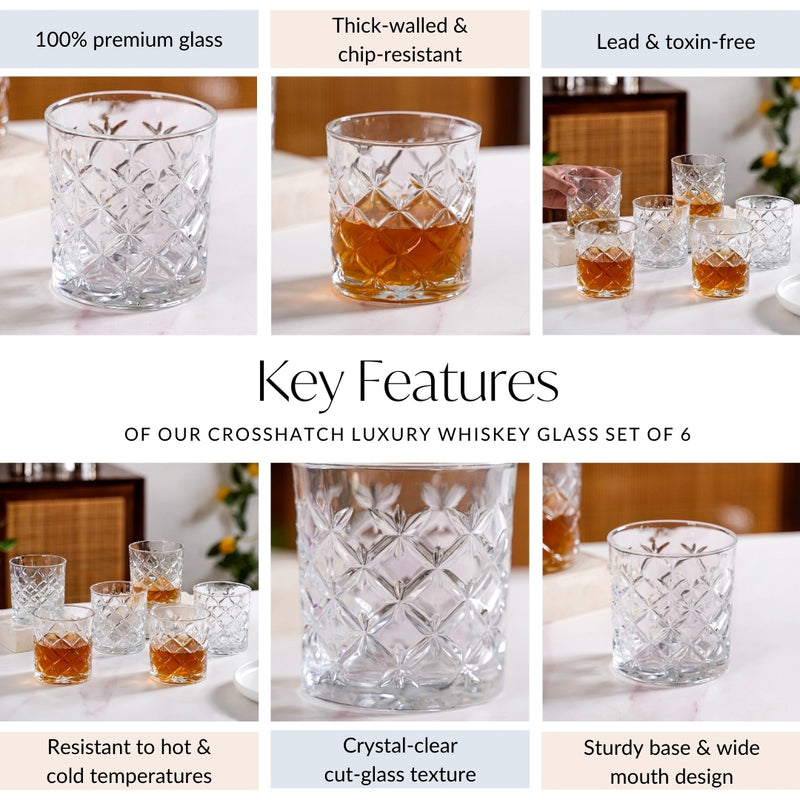 Luxury Whiskey Glass Crosshatch Pattern Set Of 6 310ml