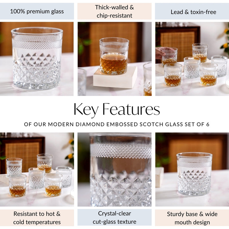 Modern Diamond Embossed Scotch Glass Large Set Of 6 310ml