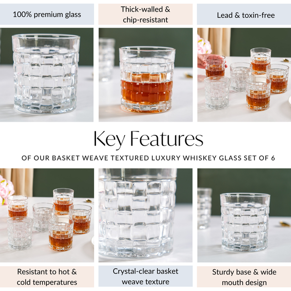 Basket Weave Textured Luxury Whiskey Glass Large Set Of 6 350ml