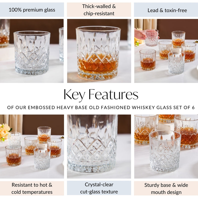 Embossed Heavy Base Old Fashioned Whiskey Glass Large Set Of 6 310ml