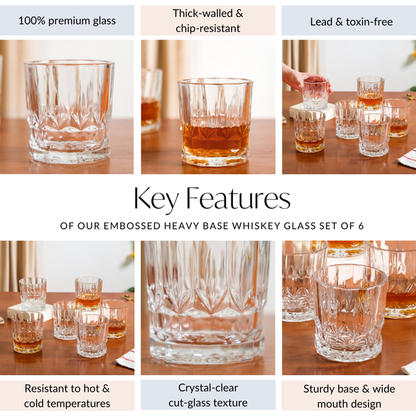 Embossed Heavy Base Whiskey Glass Large Set Of 6 350ml