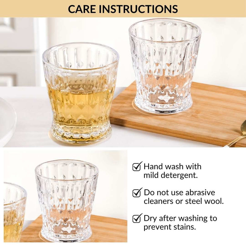 Glass tumblers with care instructions on a white background