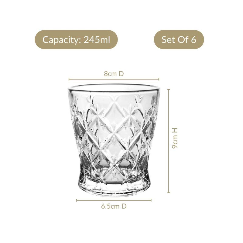 Diamond Cut Drinking Glass Set Of 6 245ml