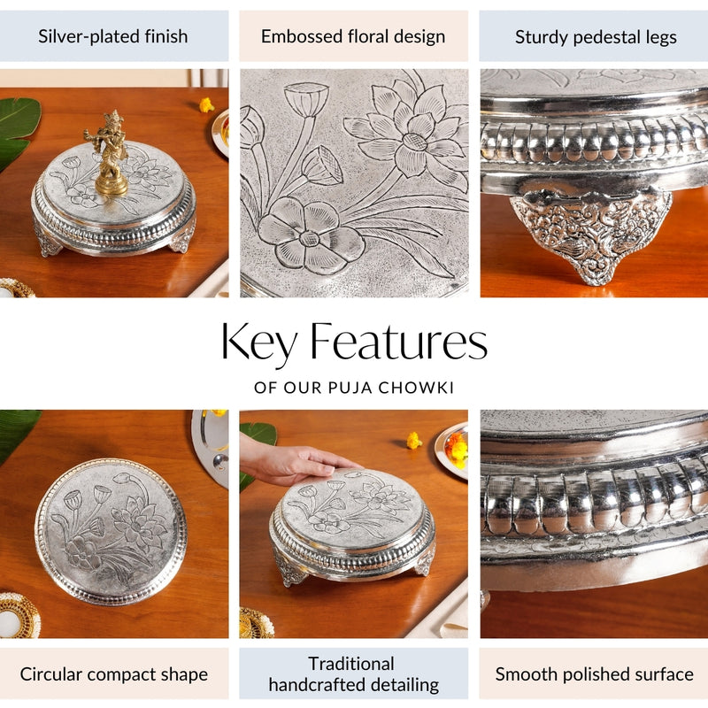 Hibiscus Brass Pooja Chowki With Silver Polish 22x8cm