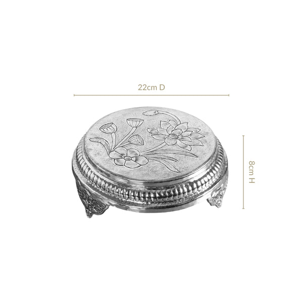 Hibiscus Brass Pooja Chowki With Silver Polish 22x8cm