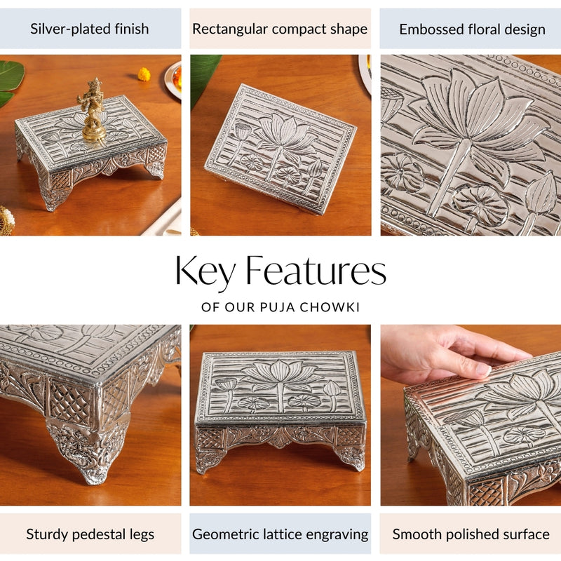 Lotus Design Pure Brass Puja Chowki With Silver Polish 20x15cm