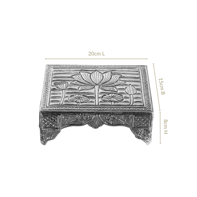Lotus Design Pure Brass Puja Chowki With Silver Polish 20x15cm