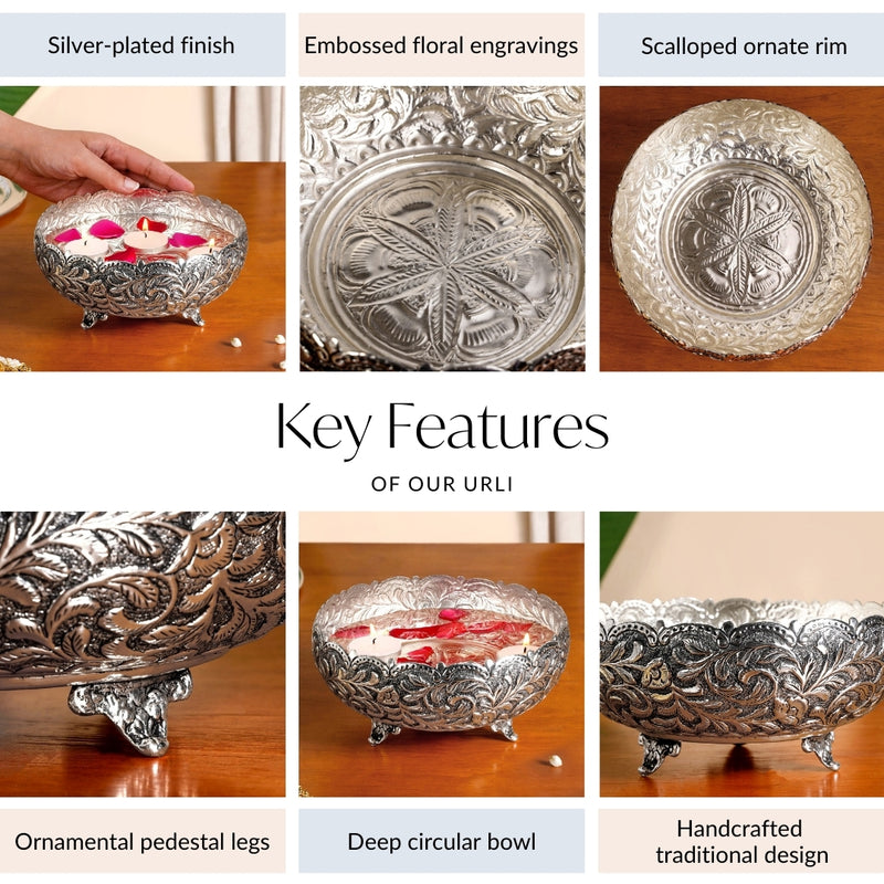 Floral Pure Brass Urli With Silver Polish 17cm