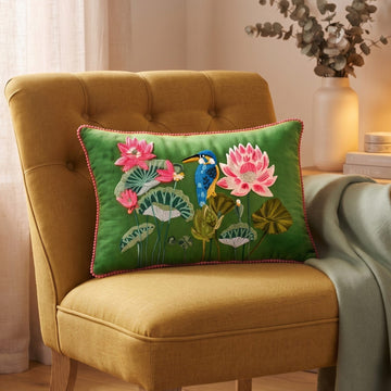 Kingfisher Pond Embroidered Cotton Cushion Cover 50x35cm