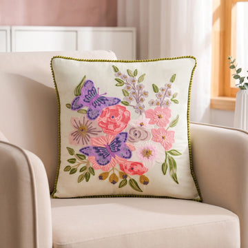 Butterfly Meadow Cotton Embroidered Cushion Cover 40x40cm
