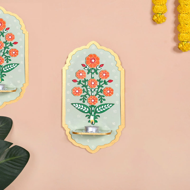 Genda Phool Mirror Work Tealight Candle Holder With Lippan Art Set Of 2