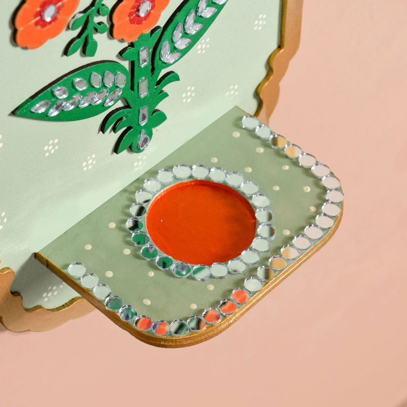 Genda Phool Mirror Work Tealight Candle Holder With Lippan Art Set Of 2