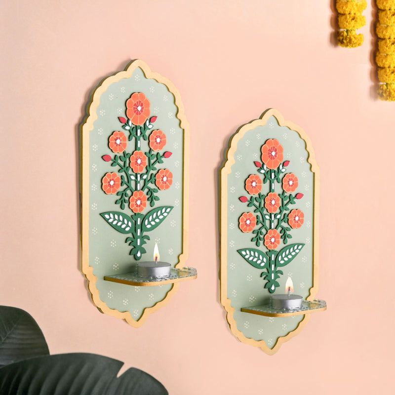 Genda Phool Mirror Work Tealight Candle Holder With Lippan Art Set Of 2