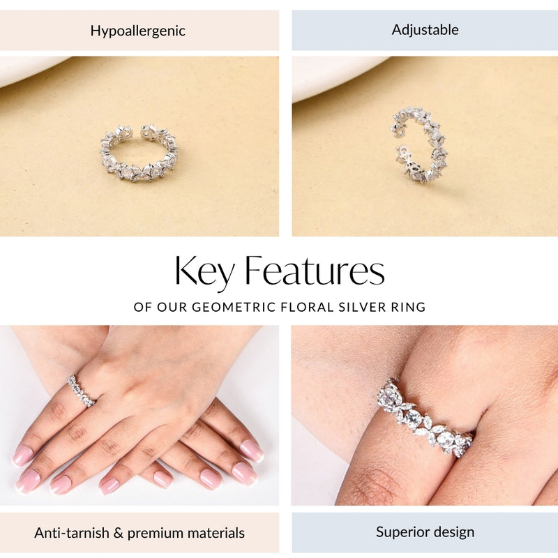 Geometric Floral Silver Ring