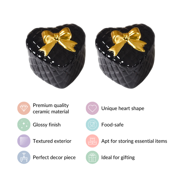 Quilted Heart Ceramic Storage Box With Bow Set Of 2 Black