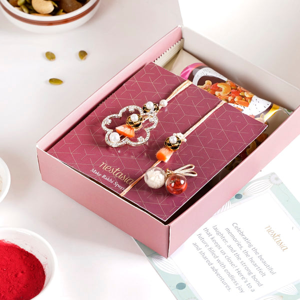 Peach Crystal Studded Pair Rakhi Gift Set Of 4 With Dry Fruits