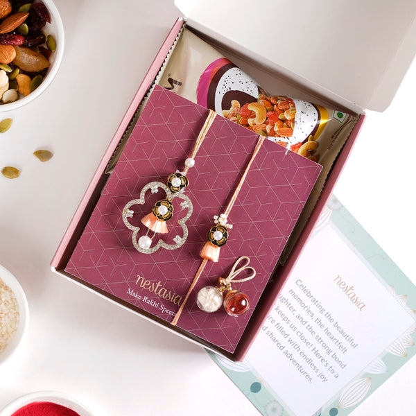 Peach Crystal Studded Pair Rakhi Gift Set Of 4 With Dry Fruits