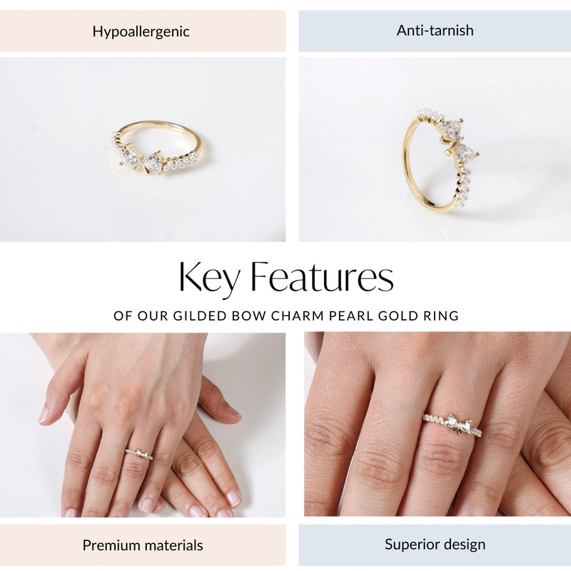 Gilded Bow Charm Pearl Gold Ring