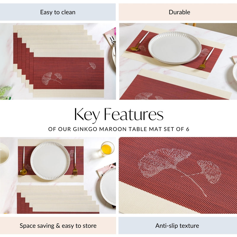 Ginkgo Maroon Table Mat Set Of 6