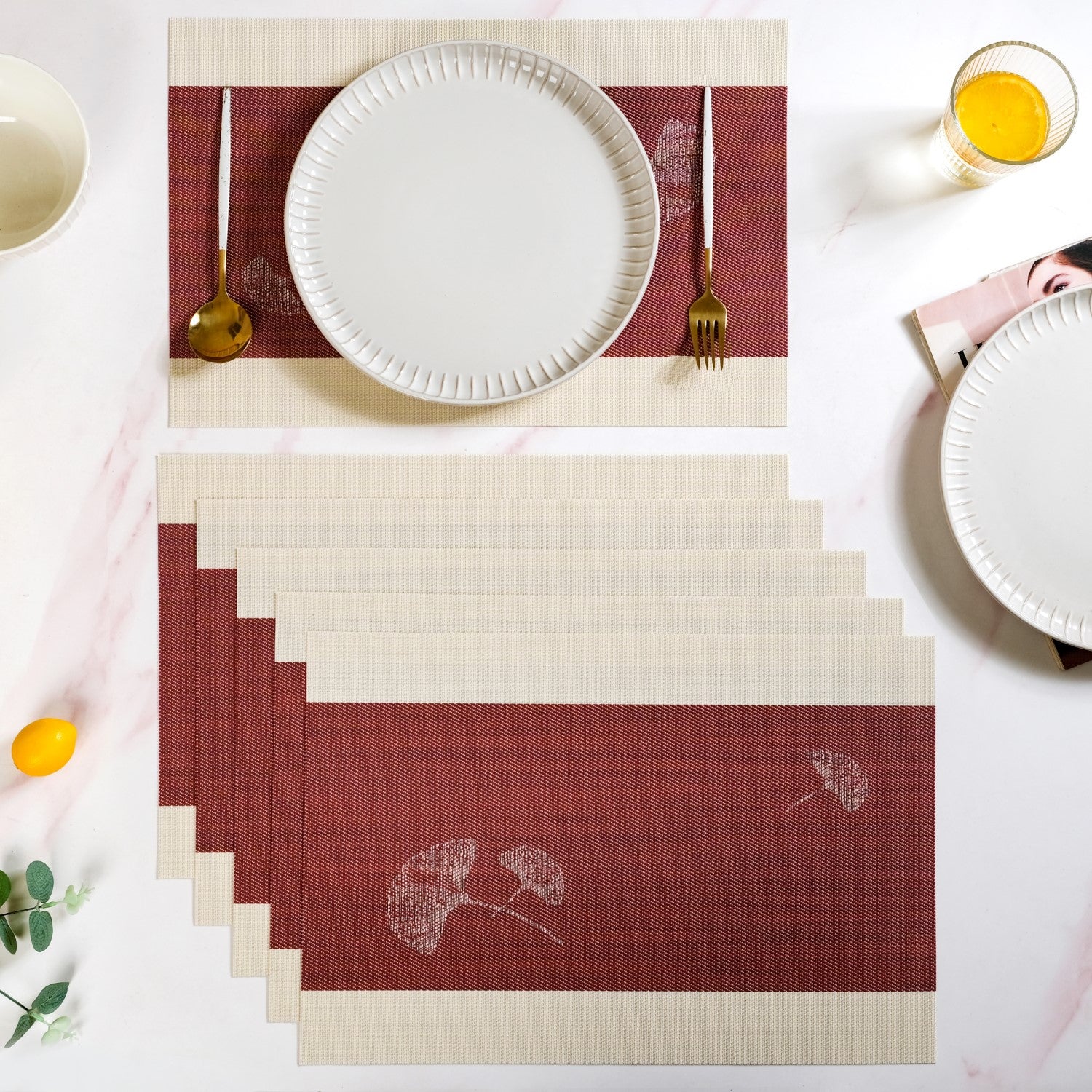 Ginkgo Maroon Table Mat Set Of 6