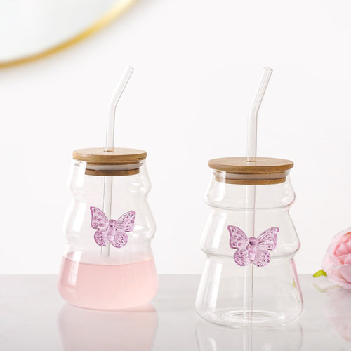 Girlie Butterfly Glass Tumbler With Straw Set Of 2 500ml