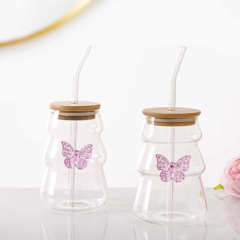 Girlie Butterfly Glass Tumbler With Straw Set Of 2 500ml