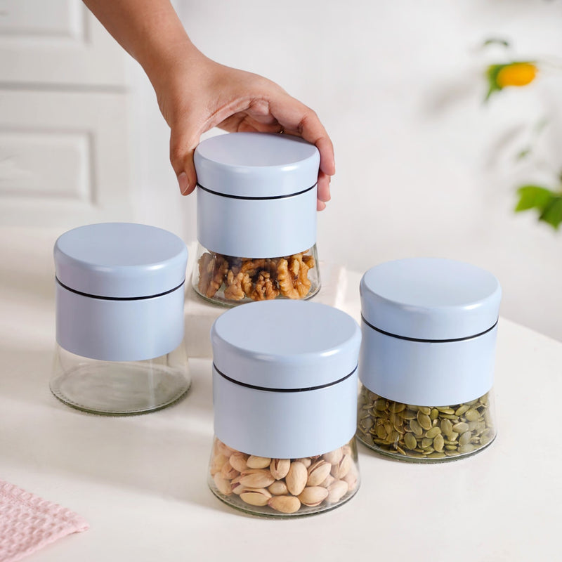 Glass Base Blue Metal Jar Set Of 4 600ml