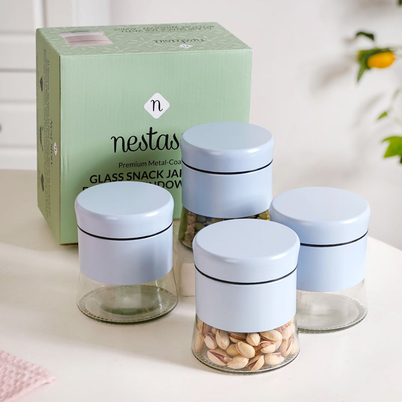 Glass Base Blue Metal Jar Set Of 4 600ml