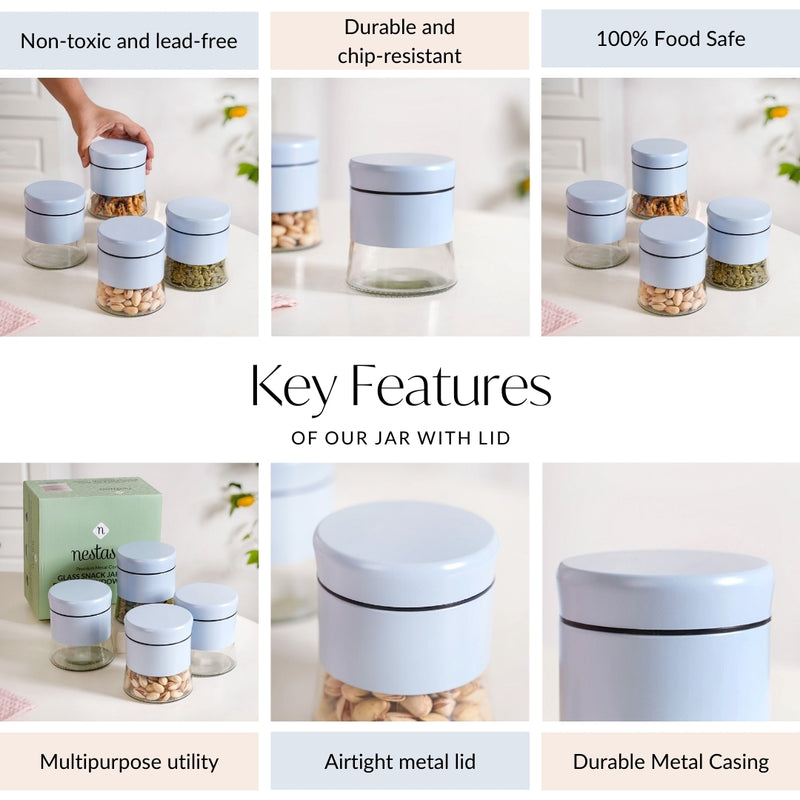 Glass Base Blue Metal Jar Set Of 4 600ml