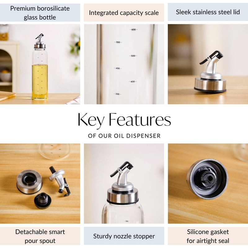 Glass Oil Dispenser Bottle With Nozzle And Measurement Marking 750ml