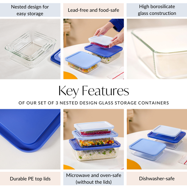 Set Of 3 Nested Design Glass Storage Containers Online - Premium Lunch ...