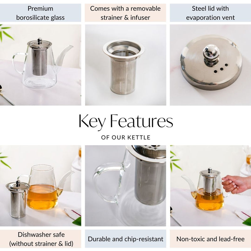 Glass Kettle With Tea Strainer Flame Safe 900ml