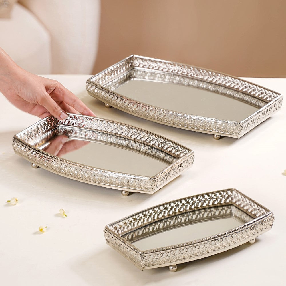 Silver Rectangle Tray - Silver Metal Tray Set of 3 Online | Nestasia