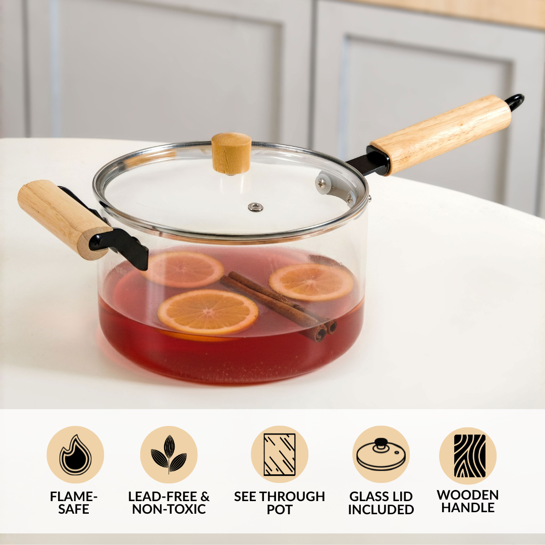 Glass Saucepan With Wooden Handle And Lid 3200ml