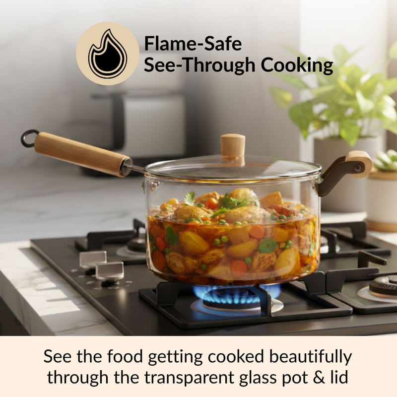 Glass Saucepan With Wooden Handle And Lid 3200ml