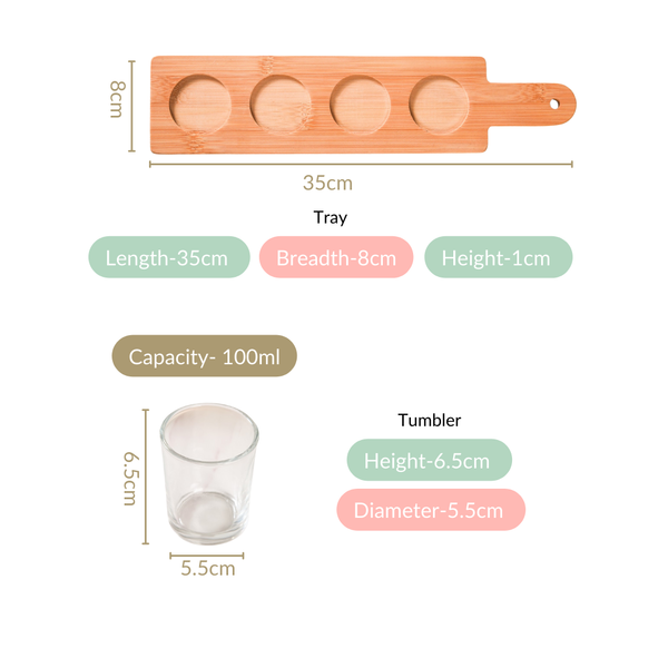 Set Of 4 Shot Glasses With Wooden Tray 100ml