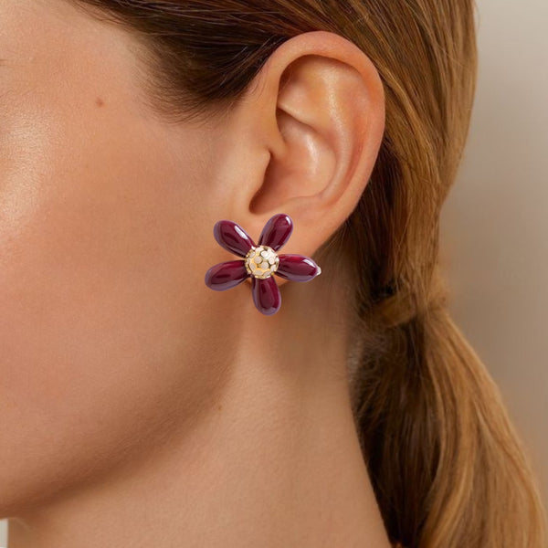 Gold And Maroon Flower Studs