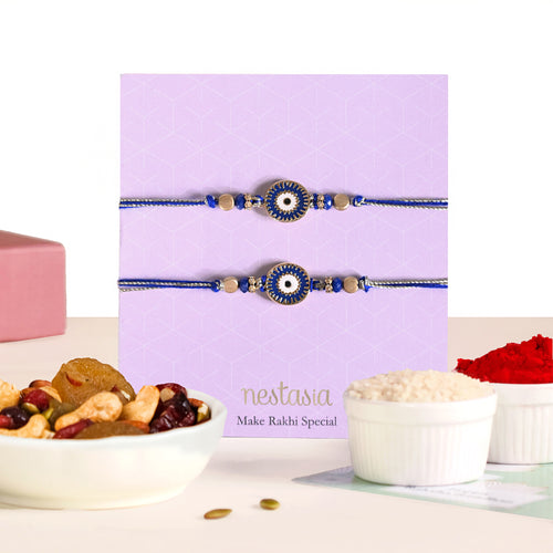 Gold Blue Protective Rakhi Gift Set Of 4 With Box And Card
