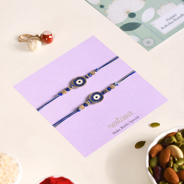 Gold Blue Protective Rakhi Gift Set Of 4 With Box And Card