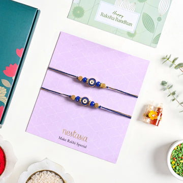 Gold Blue Protective Rakhi Gift Set Of 4 With Box And Card
