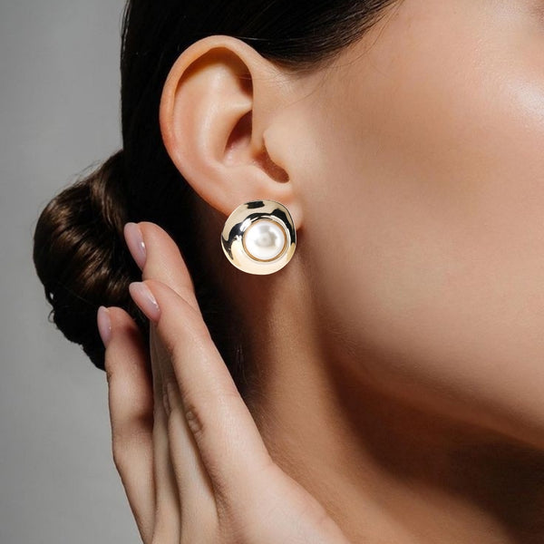 Gold Disc With Pearl Stud Earrings