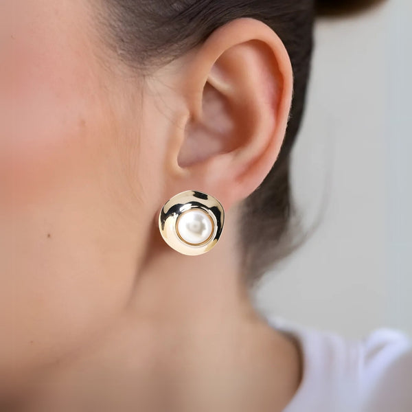 Gold Disc With Pearl Stud Earrings