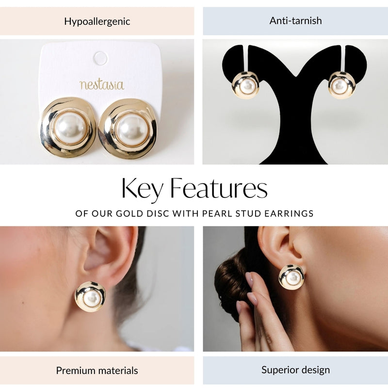 Gold Disc With Pearl Stud Earrings
