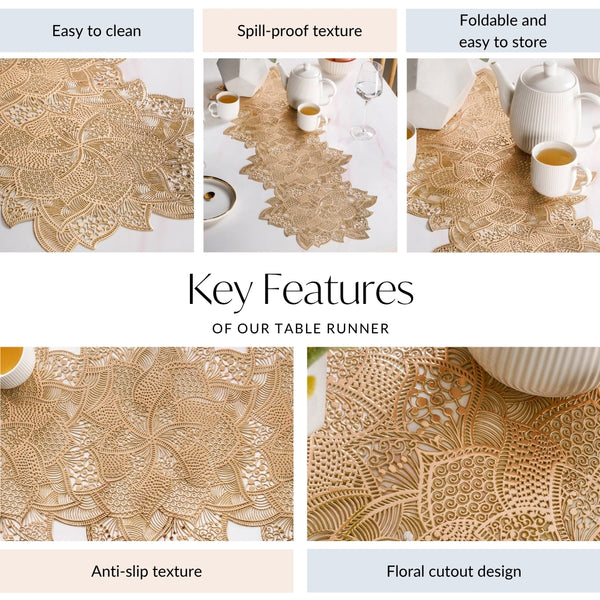 Floral Cutwork Table Runner Gold 90x35cm