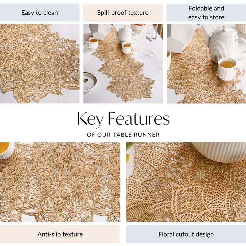 Gold Floral Cutwork Table Runner 35x14 Inch