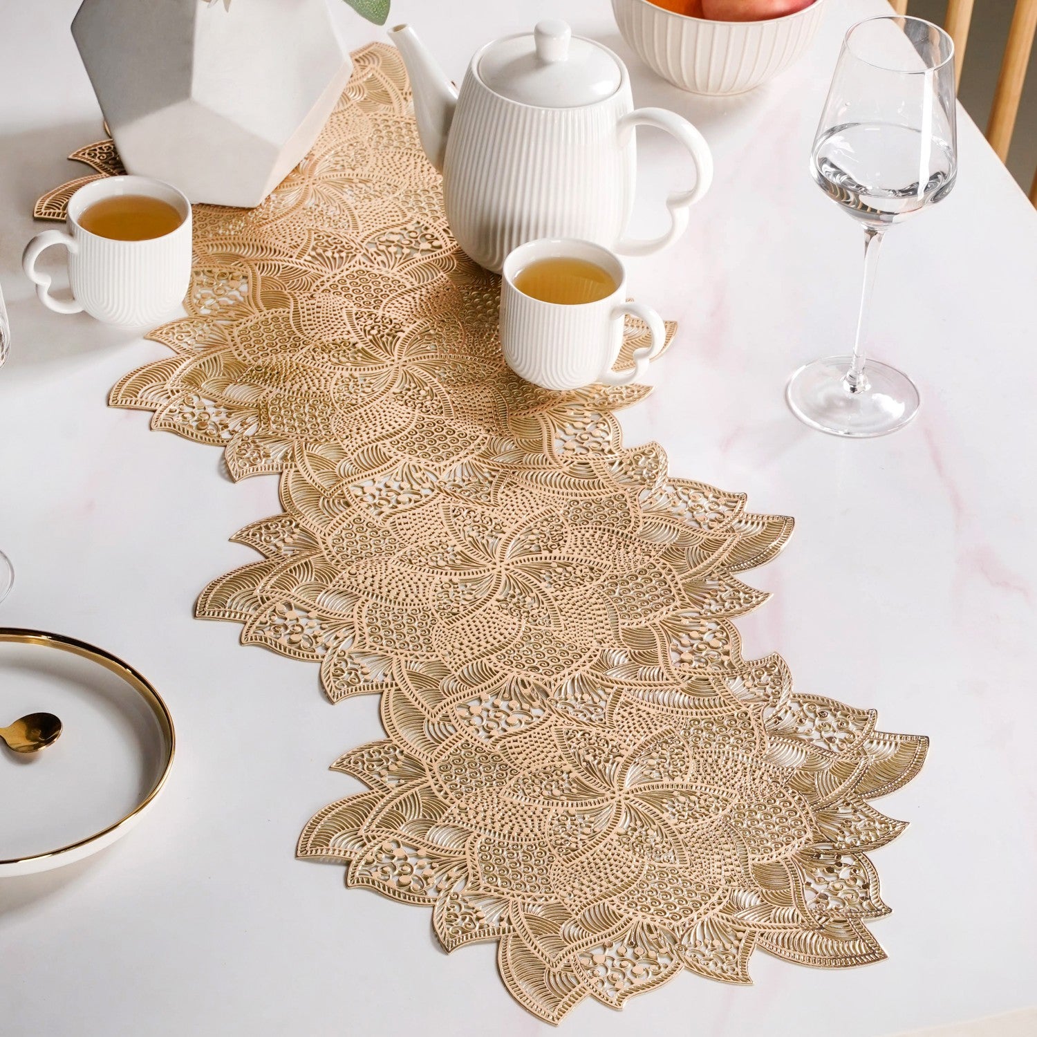 Floral Cutwork Table Runner Gold 90x35cm